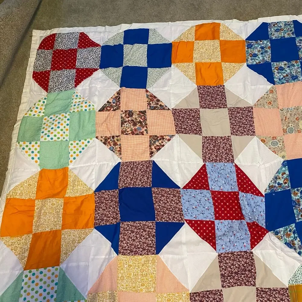 Handmade Vintage 30s Snowball Nine-Patch Quilt 67x72 Large Throw Blanket